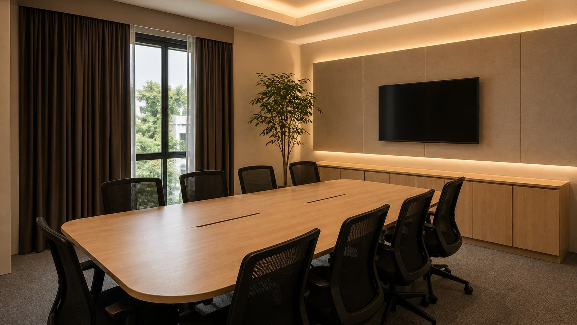 ห้องประชุมพร้อมจอนำเสนอ ผนังบุไม้และไฟซ่อนแนวยาว — ออฟฟิศเอเจนซี่ครีเอทีฟ