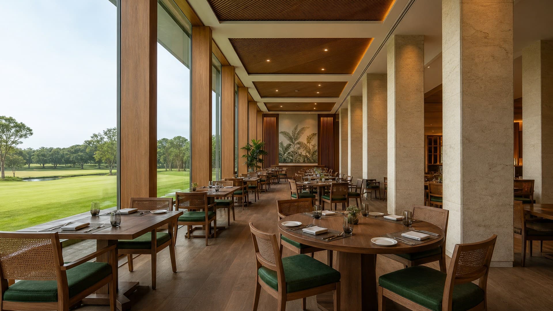 ห้องอาหารหลัก เปิดมุมมองสู่สนามกอล์ฟเต็มผนัง — คลับเฮาส์และร้านอาหาร สนามกอล์ฟ