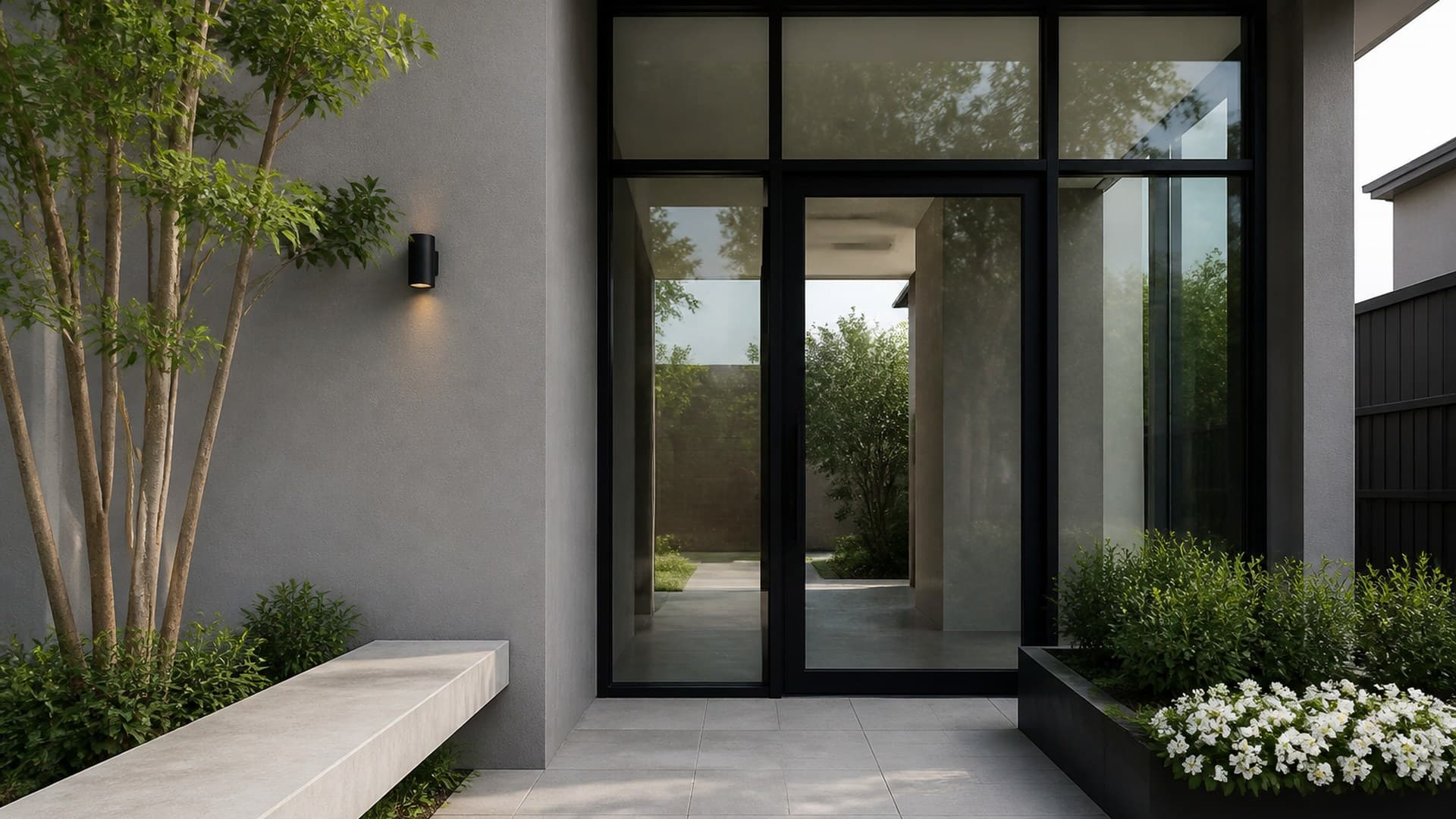 ทางเข้าบ้าน ประตูกระจกสูงพร้อมม้านั่งหินและต้นไม้ — บ้านคุณจินนี่