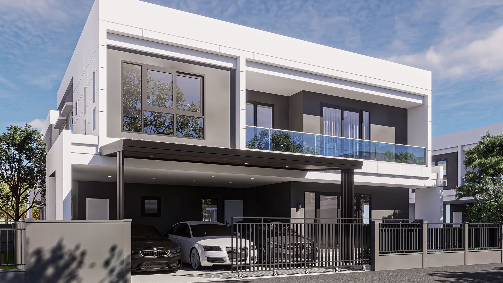 หน้าบ้านช่วงกลางวัน อาคาร 2 ชั้นโทนขาว-เทา พร้อมที่จอดรถในตัว — บ้านคุณจินนี่