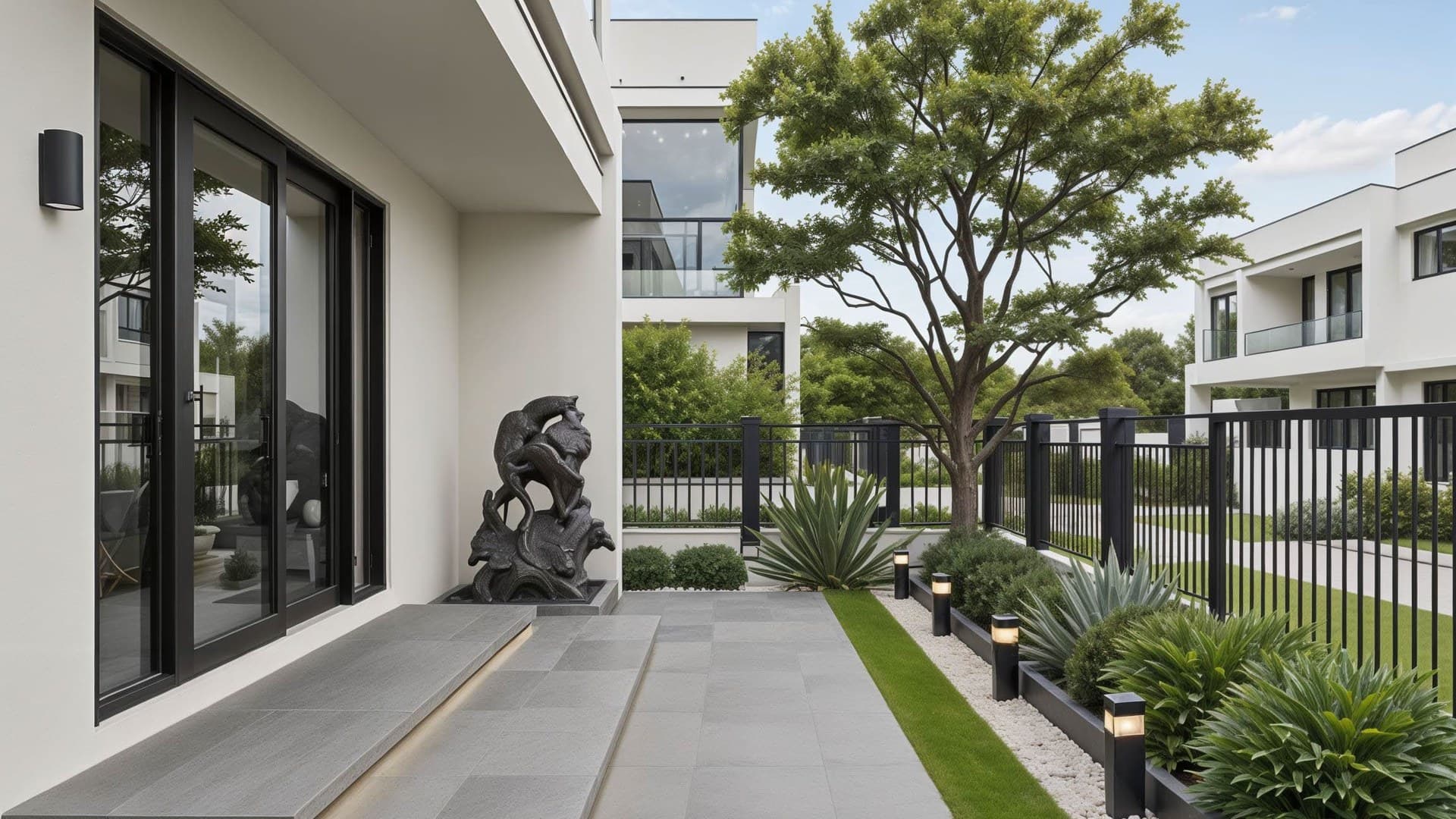 ทางเดินข้างบ้านและสวนกรวด พร้อมประติมากรรมและไม้ยืนต้น — บ้านคุณจินนี่