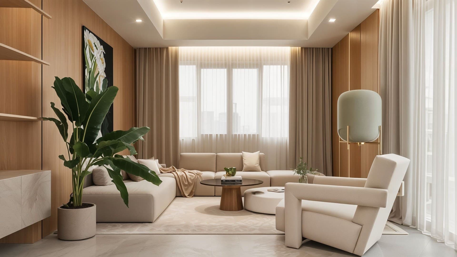 มุมพักผ่อนโทนครีมอบอุ่น พร้อมชั้นวางของ built-in — บ้านคุณจินนี่
