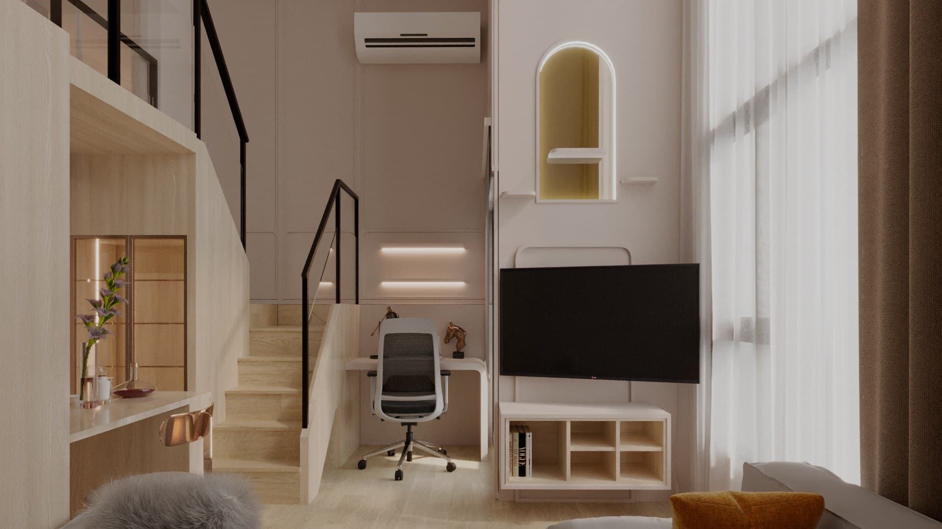 ห้องนั่งเล่นแบบดูเพล็กซ์ เพดานสูงสองชั้น พร้อมบันไดและมุมทำงาน built-in — คอนโดคุณเก่ง ออริจิ้น เพลส เพชรเกษม