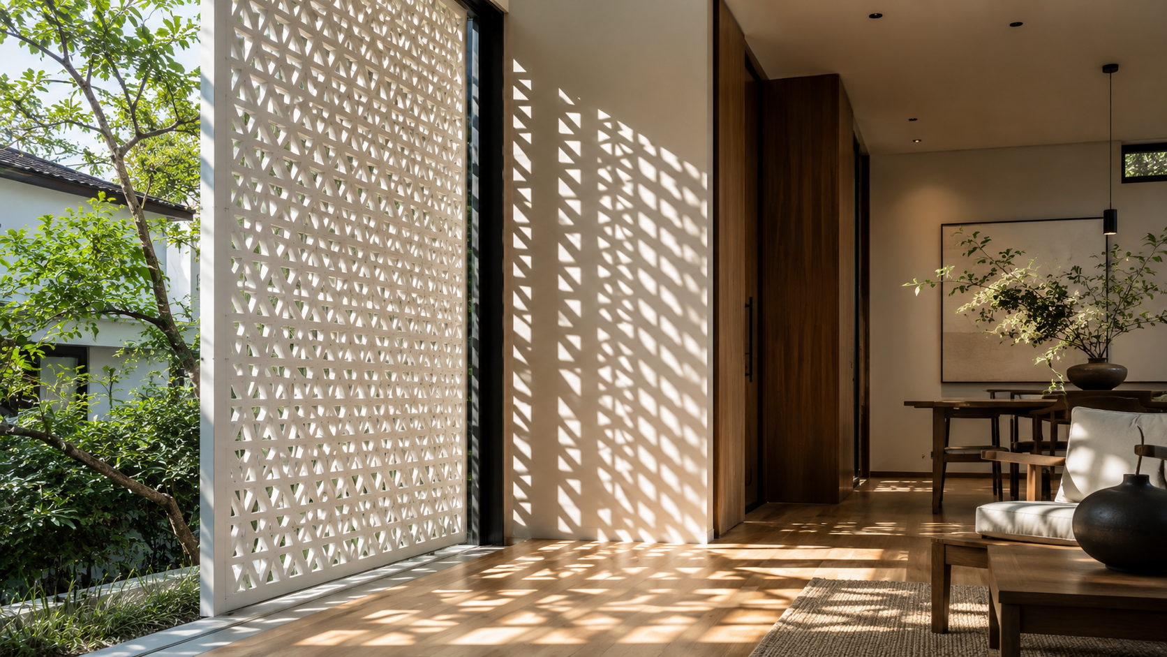 Perforated white screen casting geometric shadows on a warm wooden floor
