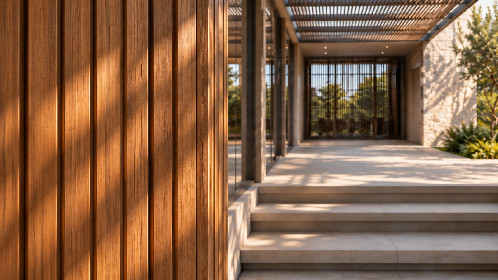 Warm timber slats at the entrance soffit — filtering sun, letting air through