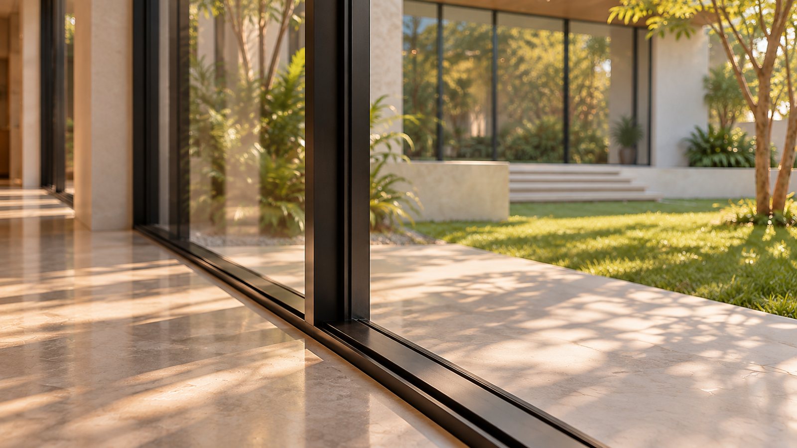 Dark, slender frames open the main rooms to the courtyard