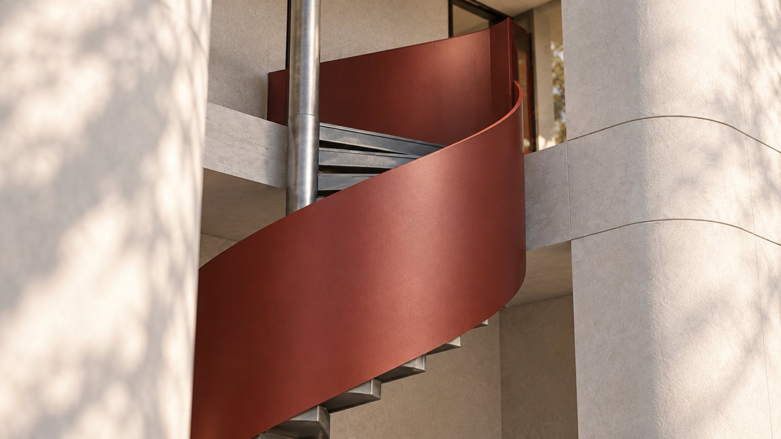 The terracotta solid-rail spiral stair — the one colour in the house, continuous with the stair shot in the film (owner-selected for the website presentation; not a construction detail)