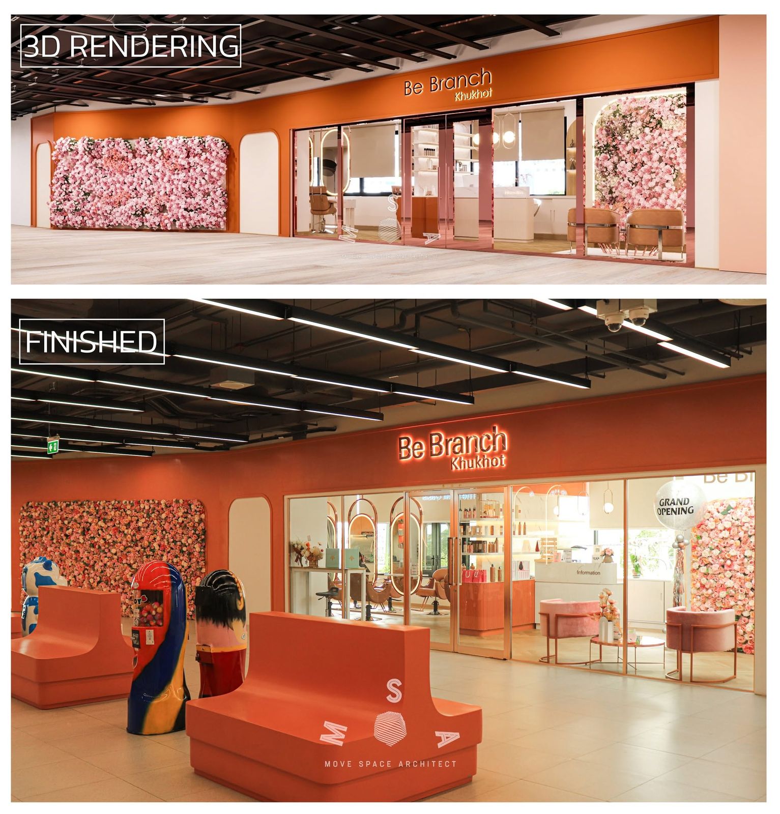 Be Branch · Khu Khot — Shop front: design rendering above, finished below (rendering beside photograph)