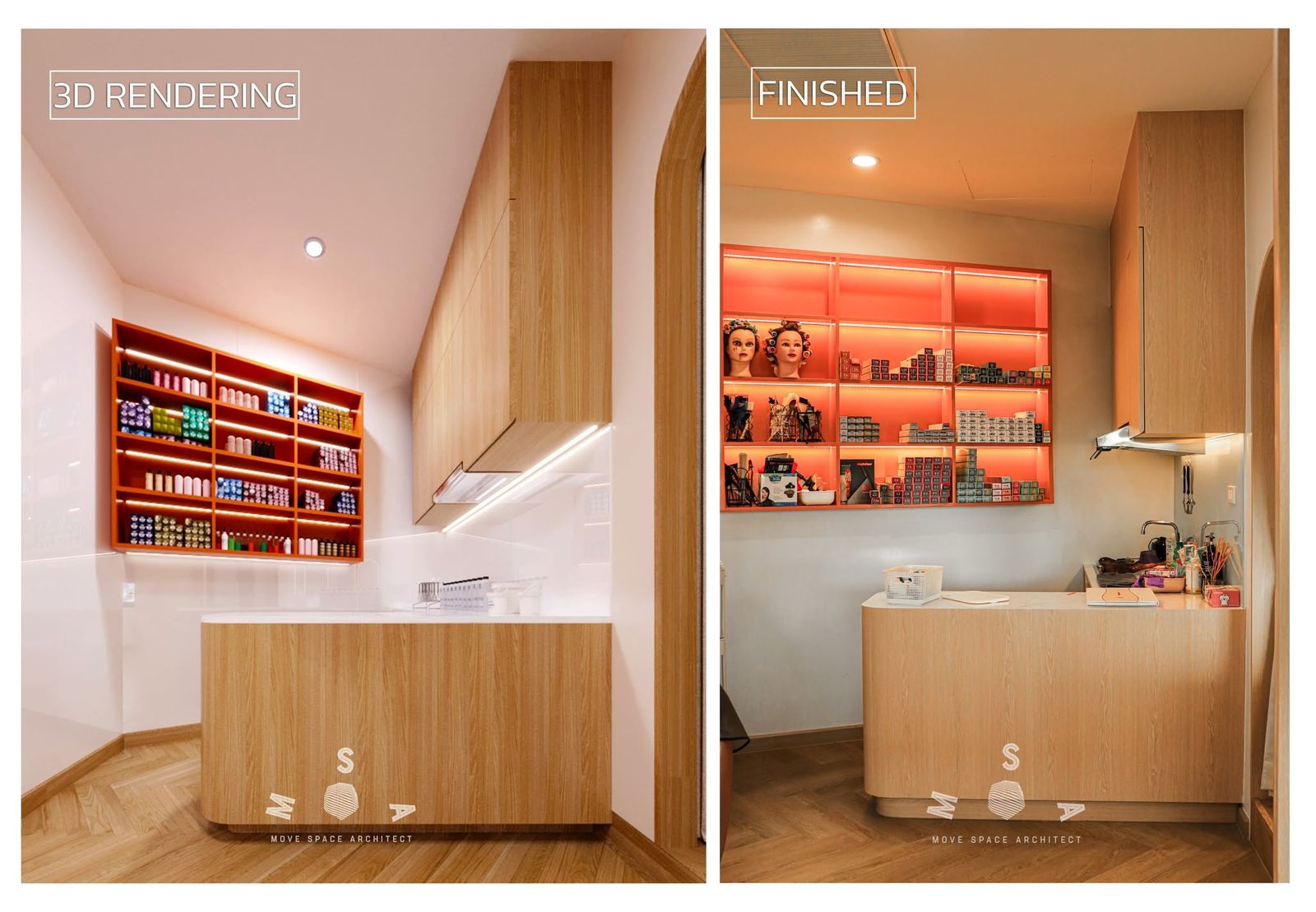 Be Branch · Khu Khot — Back counter: rendering left, finished right (rendering beside photograph)