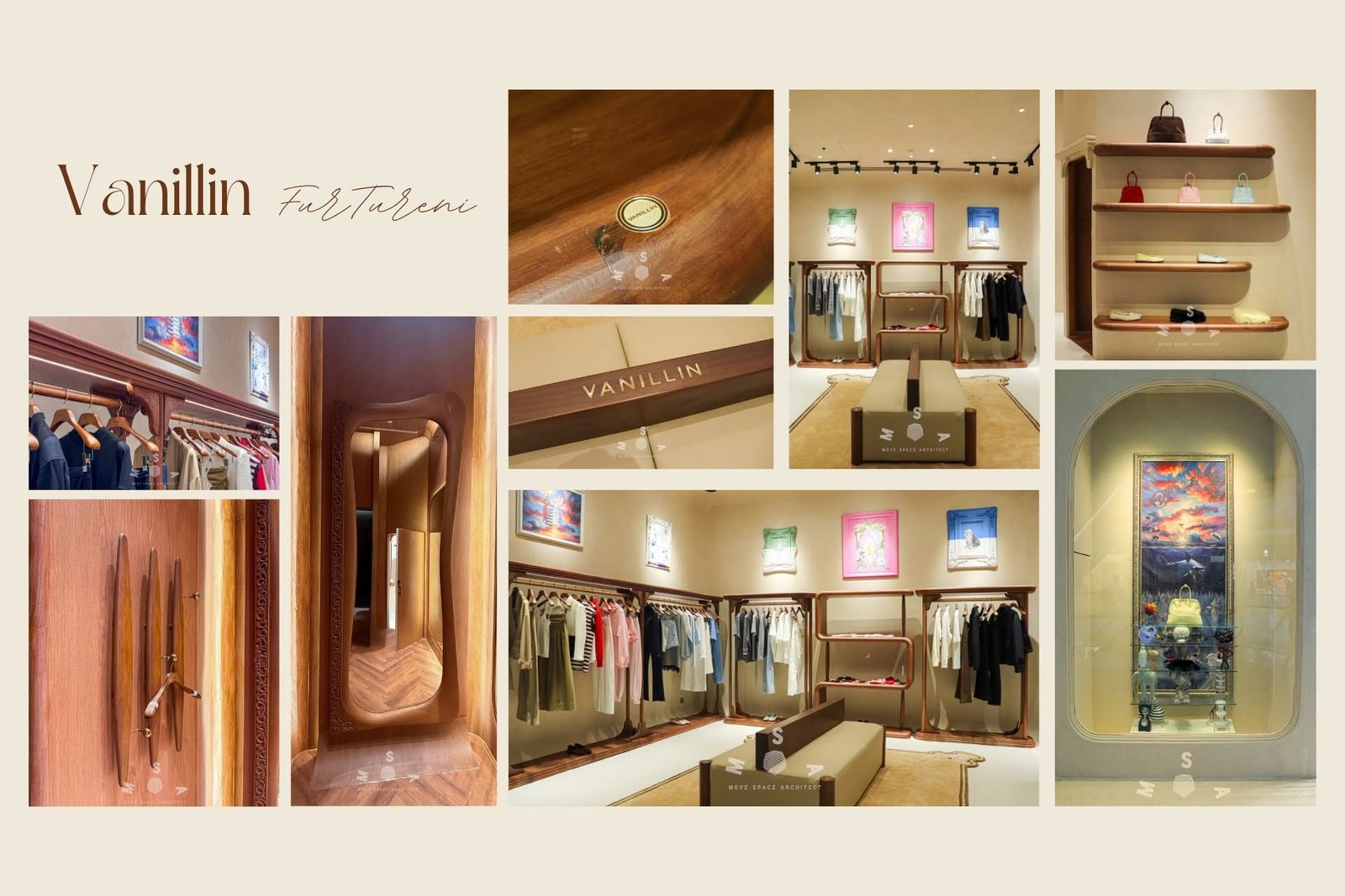 Vanillin Studio — Details of the finished store (photograph beside drawing)