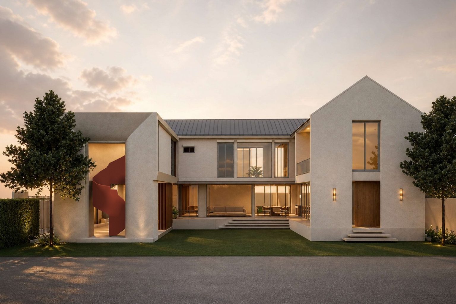 The house from the courtyard at dusk — rendered walls, standing-seam roof, and the owner-selected terracotta solid stair guard (DD03 perspective 09 revised, stair guard only; proposal image)