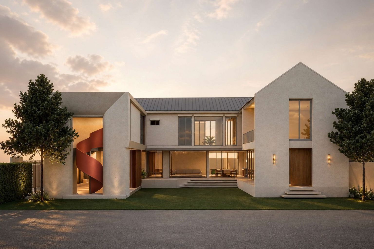 Almond House — court at dusk: DD03 perspective 09 revised 30 Sep 2026, stair guard only, to the owner-selected terracotta solid guard seen in the film (proposal image, not a built house)